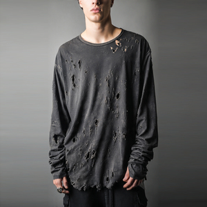 เสื้อยืดแขนยาวทรงหลวมสไตล์ดิสเทรสสำหรับผู้ชาย เสื้อยืดดิสเทรสทรงหลวมไหล่ตกสำหรับฤดูร้อน เสื้อยืดน้ำหนักเบาแห้งเร็วสำหรับผู้ชาย - Product Image 1
