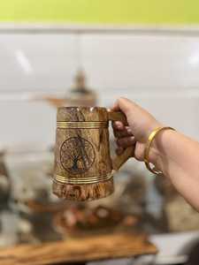 Wooden Beer <b>Mug</b> Laser Engraved <b>Tree</b> Design Vintage Style With Handle Classic Bar Rustic barrel style <b>mug</b> Accessory Home Use - Product Image 2