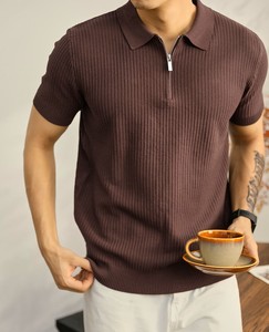 <b>Old</b> Money Style Solid Textured Knit Lapel <b>Short</b>-Sleeve Smart Casual Men's Summer Breathable Quick Dry Shirt - Product Image 1
