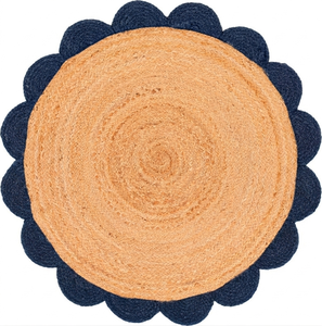 Handmade Natural Round Jute <b>Rug</b> Navy Blue Scalloped Border Braided Area <b>Rug</b> <b>Boho</b> Farmhouse Living Room Carpet - Product Image 2