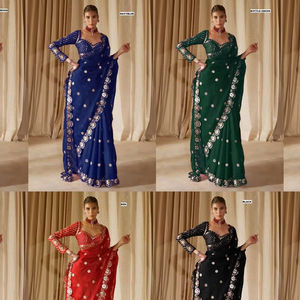 ผ้าซารีจอร์เจตต์ดีไซน์หรูหราพร้อมเสื้อคลุมสุดสง่างาม ทันสมัย สวยงาม  แบบอินเดีย  เหมาะสำหรับงานปาร์ตี้  งานเลี้ยง  หรือใส่ลำลองสำหรับผู้หญิง - Product Image 3