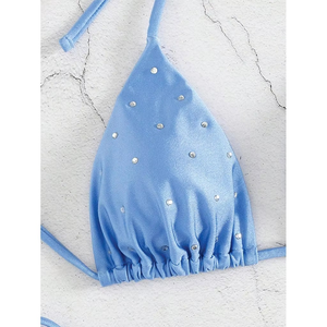 2026 New Women's Rhinestone Sky Blue Triangle <b>Bikini</b> <b>Set</b> Halter Neck Side Tie Two Piece Swimwear Light Blue Beachwear Bulk Order - Product Image 2