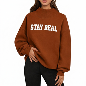 Women's Brown Oversized Mock Neck Stay Real Graphic Sweatshirt <b>Drop</b> Shoulder Long Sleeve Casual Fleece Pullover Loose Fit - Product Image 1