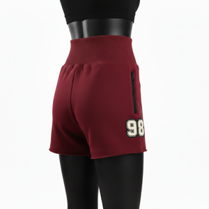 Shorts de poliéster y spandex premium de 240 GSM, color granate, cintura alta, con cremallera lateral, bolsillos y logotipo bordado. - Product Image 5