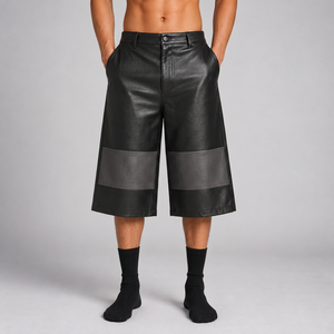 <b>Mens</b> Color Blocked Leather Look Bermuda <b>Shorts</b> Mid Waist Button Fly Street Style Panelled Design Solid Gray <b>Black</b> - Product Image 3