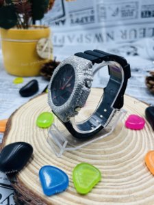 Reloj Deportivo Digital de Lujo Unisex con Caja Redonda y Correa de Goma Negra, Adornado con Piedras de Imitación y Plata 925 - Product Image 3