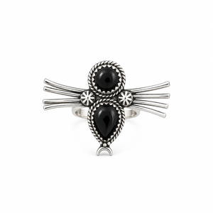 Bague en argent double pierre onyx noir rond et poire, style bohème western, bijou fantaisie fait main pour femme - Product Image 4