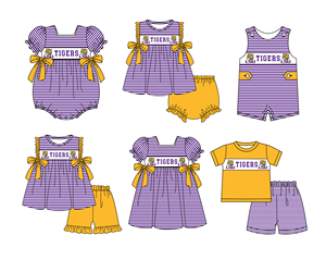 Set coordinato personalizzato per fratelli, viola a righe, completo a maniche corte per neonati, include vestito per bambino e tutina per bambina. - Product Image 1