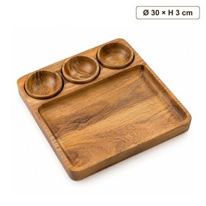 Plateau de service carré en bois de manguier artisanal avec 3 bols à sauce – Vente en gros - Product Image 1