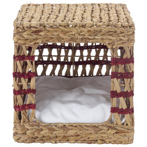 Mesa auxiliar de jacinto de agua con rayas rojas, cama cueva para gatos tejida, caseta cuadrada de paja para perros, mesita de noche, condominio para gatos, muebles para mascotas - Product Image 3