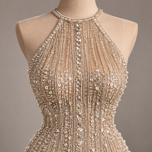 Halter Embroidered Beaded Fringe Vintage Luxury Organza Mini <b>Dress</b> Sheath Sheer Asymmetrical Hem <b>Extravagant</b> Prom Adult - Product Image 4