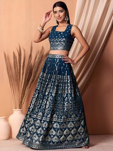 Navy Blue Georgette <b>Sequin</b> Embroidered Lehenga Set Short Sleeve <b>Crop</b> <b>Top</b> A-Line Floor-Length Bridesmaid Dress High Neckline - Product Image 3