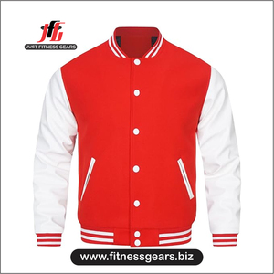 Chaqueta Varsity Personalizada Ecológica para Hombre JUST FITNESS GEARS, Roja y Negra con Bordado Frontal, Estilo Casual para Invierno, Poliéster/Algodón - Product Image 2