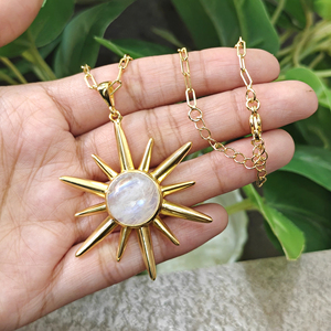 Gold Plated Sunburst Pendant <b>Necklace</b> Natural Rainbow Moonstone 15 MM Round Cabochon Celestial Jewelry Brass Chain <b>Necklace</b> - Product Image 2