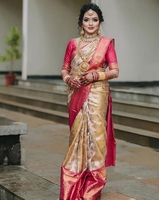 Sari Tradicional Banarasi de Seda Kanjivaram Tejido KV con Blusa sin Costuras Reversible, Antiarrugas y de Secado Rápido para Fiestas de Otoño