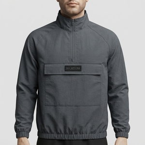 Chaqueta cortavientos gris para hombre con media cremallera, cuello alto, ligera, para deportes al aire libre, con bolsillo frontal. - Product Image 2