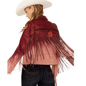Chaqueta de cuero de cordero ombre para mujer, color borgoña y rosa, con efecto degradado, mangas con flecos, cremallera, estilo moto, de cuero genuino, abrigo de piel de cordero auténtica - Product Image 4