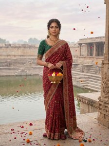 Sari en soie Pashmina Shahi Pushpa Rajwada, traditionnel, pour mariage, héritage impérial, Meenakari, Royal Blossom - Product Image 1