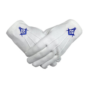 Gants en coton blanc de qualité supérieure pour Maître Maçon, avec compas carré et écusson G brodé bleu roi, pour la tenue maçonnique - Product Image 1
