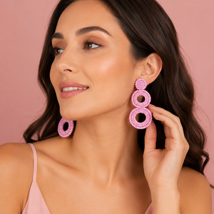 SSTRINGZ ER041 Pendientes Colgantes Circulares Rosados con Cuentas para Mujer, Hechos a Mano con Cuentas de Semilla, Diseño Doble Redondo, Joyería de Moda al por Mayor - Product Image 6