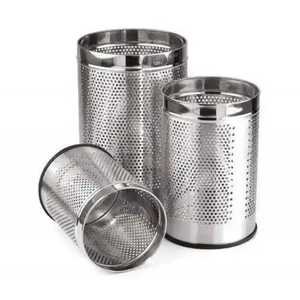 Black Perforated Metal Trash Can Silver Rim Mesh Steel Waste <b>Bin</b> Round Office Bathroom Garbage Basket Rubbish Dustbin Cup - Product Image 6