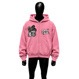Sweat à capuche oversize rose zippé style urbain pour homme, en coton molletonné, avec imprimé Cash Talk et logo frontal, style automne, tendance - Product Image 1