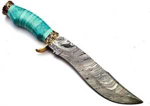 Cuchillo de Caza de Hoja Fija 2026 LEGACY BLADES de Acero de Damasco Premium, Hoja Serrada con Punta Caída, Mango Turquesa con Detalles Dorados, OEM ODM - Product Image 6
