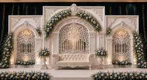 Décor de réception de mariage d'élite : Panneaux en fibre de verre sculptés dorés, légers et de qualité supérieure, pour un toilettage de fond de scène de luxe vintage. - Product Image 5