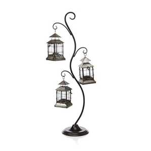 Pair of <b>silver</b> hexagonal <b>lanterns</b> ornate cutout panels glass sides domed tops ring handles rustic farmhouse indoor outdoor - Product Image 3