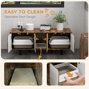 Caja de arena para gatos oculta marrón rústica con 2 gabinetes, puertas dobles, almohadilla de drenaje de arena, accesorio para caja de arena para gatos - Product Image 4