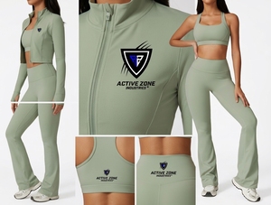 Ensemble de yoga 2 pièces pour femme : veste zippée à manches longues, soutien-gorge de sport dos nu à col rond et leggings évasés taille haute à séchage rapide - Product Image 4