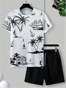 Conjuntos de 2 Piezas para Hombre, Camiseta de Manga Corta con Estampado Tropical y Pantalones Cortos con Cintura Ajustable - Product Image 2