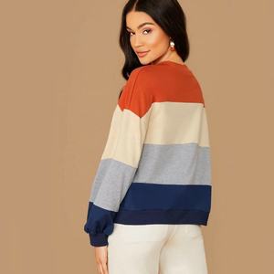 <b>Womens</b> Color Block Rust Beige Grey <b>Navy</b> Blue Striped Crew Neck Long Sleeve Sweatshirt OEM ODM Wholesale Apparel - Product Image 4