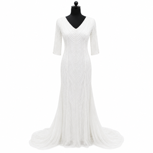Luxury Modern Plus Size White Lace Beaded A-Line Wedding Gown Women Elegant V Neck Bridal Reception Evening Party Formal Maxi - Product Image 1