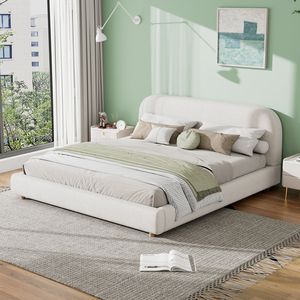 Letto King Size Imbottito con Tessuto Bouclé, Design Curvo, Testiera Spessa, Gambe in Legno Massello, Bianco - Product Image 1