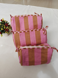 Sacs à maquillage en coton durable à rayures vertes et motifs floraux imprimés, pochettes indiennes, trousse de toilette de voyage, organiseur de cosmétiques - Product Image 5