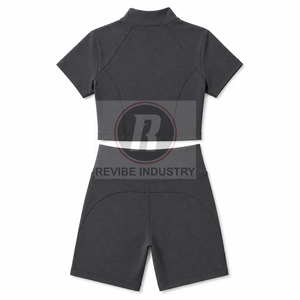 Ensemble décontracté 2 pièces pour femme avec logo personnalisé, T-shirt à manches courtes en toile coton/polyester et short, motif uni, vente en gros - Product Image 5