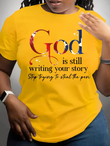Camiseta blanca con cuello redondo para mujer, manga corta, con estampado de God Is Still Writing Your Story, informal, 100% algodón, suelta, suave y elástica - Product Image 3