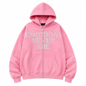 Sudadera con capucha rosa con cremallera, de algodón tejido, estilo casual, con estampado 'Emotions Never Die' en la parte delantera y trasera, diseño unisex para otoño. - Product Image 2