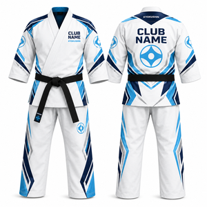 Uniforme de Karate MEGAMAPLE Club, con Nombre y Números del Equipo Impresos por Transferencia Térmica, Blanco y Azul, Cuello en V, Manga Larga, Transpirable y que Absorbe la Humedad - Product Image 1
