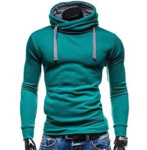 Sweat-shirt à capuche en tricot pour homme, couleur unie, coupe ajustée, décontracté, à manches longues, vert, en coton, pour l'automne - Product Image 1