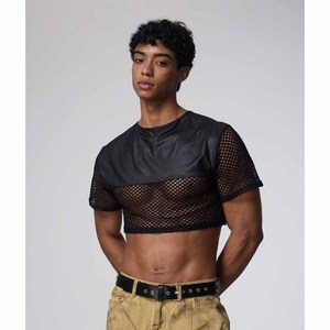 <b>Men's</b> Black <b>Mesh</b> Crop T-Shirt Short Sleeve O-Neck Color Blocked Street Style Regular Fit Breathable <b>Top</b> - Product Image 4