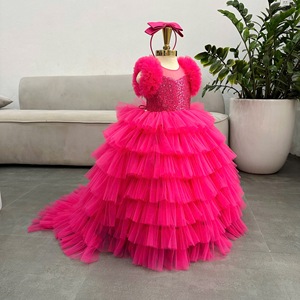 Vestido de Princesa con Lentejuelas Brillantes para Niñas, Manga Larga, Cola Desmontable, Falda de Tul en Capas y Espalda con Cordones - Product Image 1