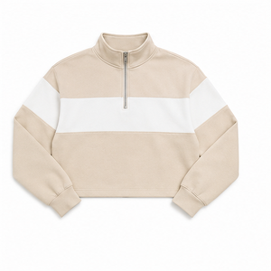 Customize Oat Beige <b>Womens</b> Drop Shoulder <b>Half</b> <b>Zip</b> Cropped <b>Sweatshirt</b> Colorblock Panel Midweight Fleece - Product Image 6