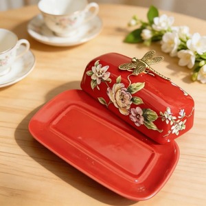 Red Floral Design Decorative Ceramic Butter Dish Perfect For Kitchen Storage And Table Presentation Handcrafted From India - Product Image 1