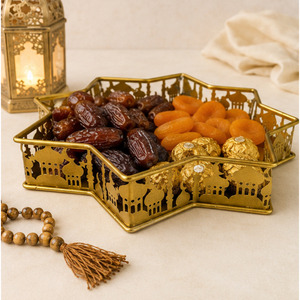 <b>Gold</b> Metal Ramadan <b>Serving</b> <b>Tray</b> Star Shaped Platter Mosque Cutout Design Eid Mubarak Plate for Dessert & Dates Affordable Price - Product Image 2