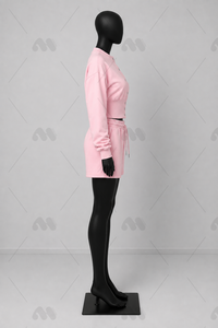 Ensemble de survêtement en coton tricoté rose pour femme, broderie machine, haut à manches longues boutonné, short décontracté, couleur unie, séchage rapide - Product Image 4