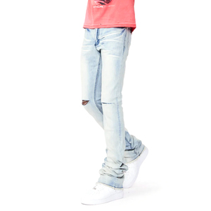 Jeans déchirés décontractés, coupe droite évasée, couleur violet, style vintage streetwear, fabriqués par un fabricant. - Product Image 1