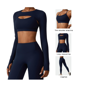 Women's <b>Long</b> <b>Sleeve</b> Yoga Top Chest Cutout Crop Shirt High Waist Leggings for <b>Gym</b> Fitness Running Workout Active Wear Yoga <b>Set</b> - Product Image 2