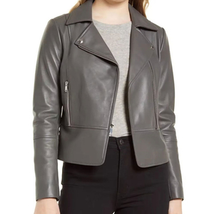 Vêtements élégants pour femmes avec poches, veste de moto en cuir véritable à manches longues avec fermeture éclair - Product Image 6